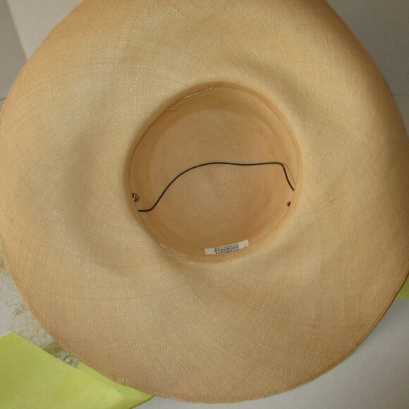 VTG 60's Wide Brim Natural Straw Hat wVeil Flowers Yellow Ribbon Bergdorf France - Picture 10 of 11